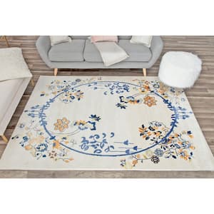 Valentina Hanna White 5 ft. x 7 ft. Yellow Magnolia Floral White Transitional Area Rug