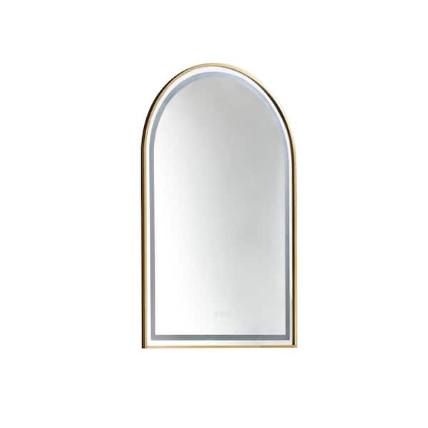 Unbranded 39 in. W x 26 in. H Arched Rectangular Framed LED Anti-Fog Dimmable Wall Mount Bathroom Vanity Mirror in Brushed Gold