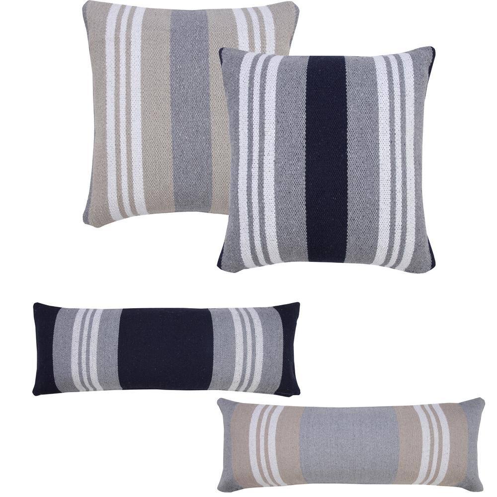 Navy Gray White Cotton Striped Square Throw Pillow