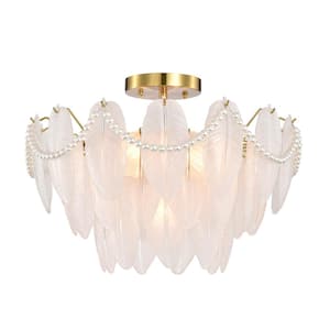 Eugenia 20.5 in. 7-Light Brushed Shiny Brass Glass Feather-Shaped Flush Mount
