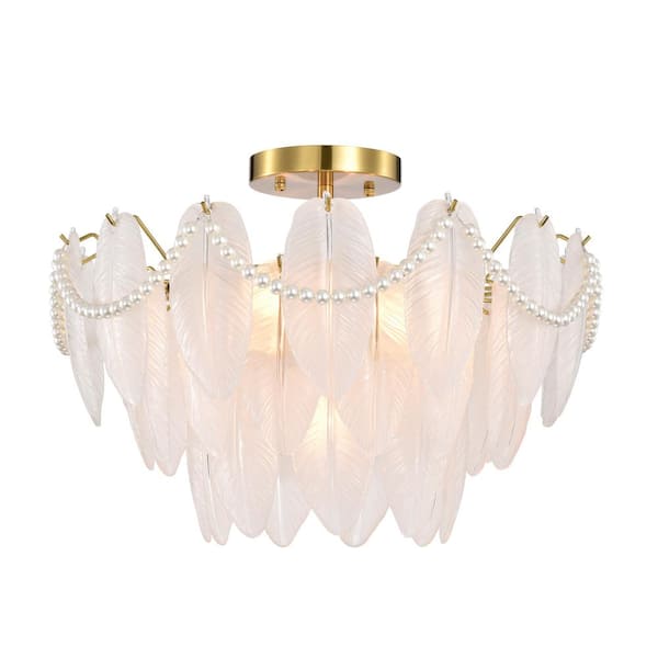 Jojospring Eugenia 20.5 in. 7-Light Brushed Shiny Brass Glass Feather-Shaped Flush Mount