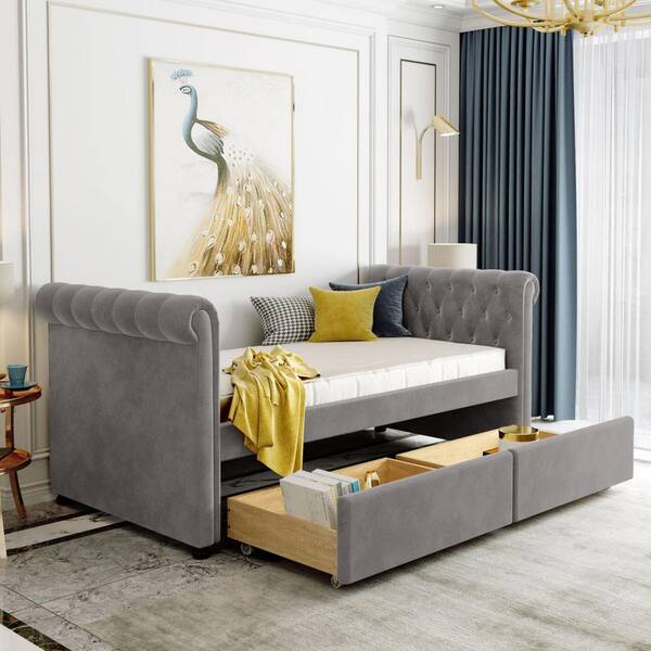 JASMODER Gray Faux Leather Frame Twin Platform Bed for Home or Office