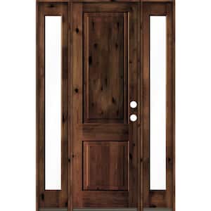 58 in. x 96 in. Rustic Knotty Alder Square Top Red Mahogany Stained Wood Left Hand Single Prehung Front Door