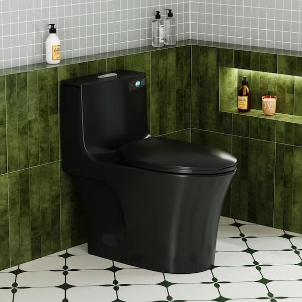 12 in. 1-Piece 1.1/1.6 GPF Dual Flush Elongated Toilet in Matte Black, Seat Included-WaterSense Certified