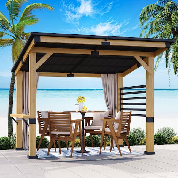11 ft. x 10 ft. Solid Cedar Wood Outdoor Patio Gazebo with Black Galvanized Steel Roof and Privacy Curtain