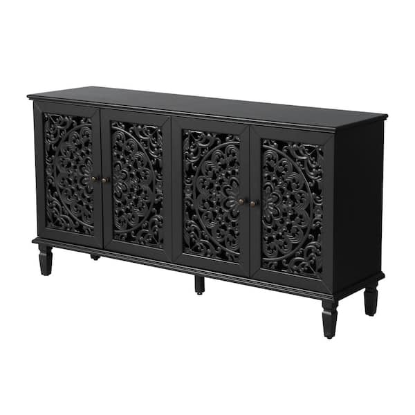 60 in. Vintage Solid Wood Buffet Storage Cabinet for Dining and Living Room in Black