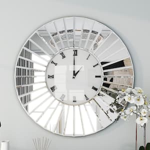 Sunburst Mirror Wall Clock, Silver, Roman Numerals, Mirrored Frame, Decorative Analog Clock