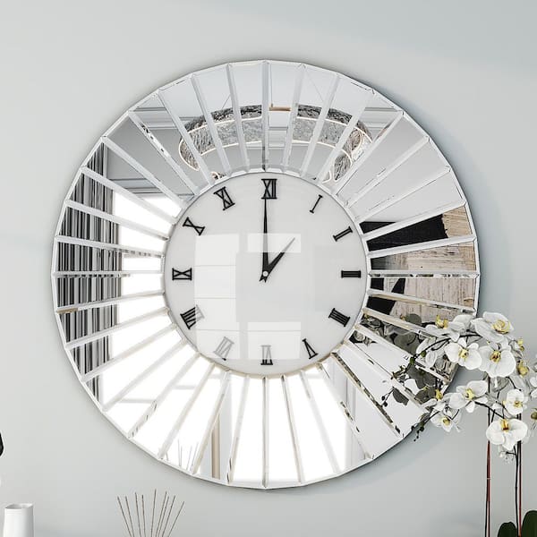 THKSHOUZ Sunburst Mirror Wall Clock, Silver, Roman Numerals, Mirrored Frame, Decorative Analog Clock