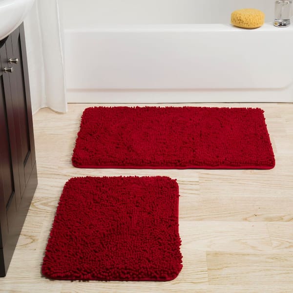 Shag Burgundy 21 in. x 32 in. Memory Foam 2-Piece Bath Mat Set