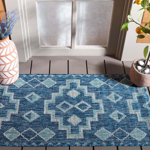 Courtyard Navy/Aqua 2 ft. x 4 ft. Aztec Tribal Indoor/Outdoor Area Rug
