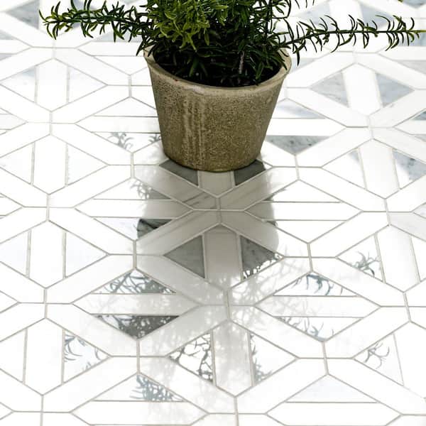 Take Home Tile Sample - Geometrica 4 in. x 4 in. Bianco Dolomite Polished Marble Mesh-Mounted Mosaic Tile (0.25 sq. ft.)