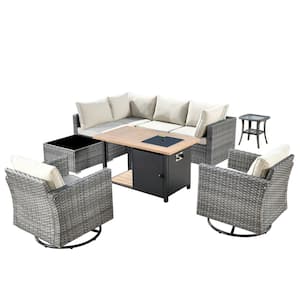 Sanibel Gray 9-Piece Wicker Outdoor Patio Conversation Sofa Sectional Set with a Storage Fire Pit and Beige Cushions