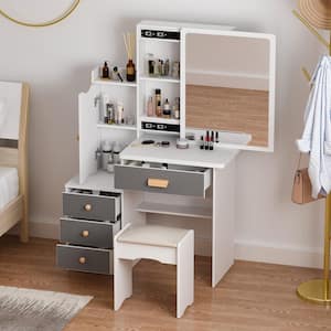 4-Drawers Gray Wood Makeup Vanity Table Stool Set Rectangle Mirror with Storage Shelves