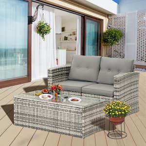2 Piece Wicker Outdoor Patio Sectional Conversation Seating Set with Gray Cushions and Ottoman