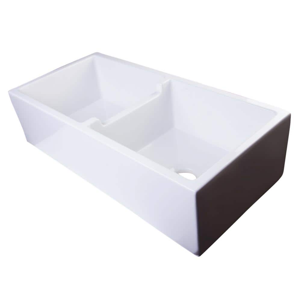 39.5'' White Fireclay Double Bowl Farmhouse Kitchen Sink