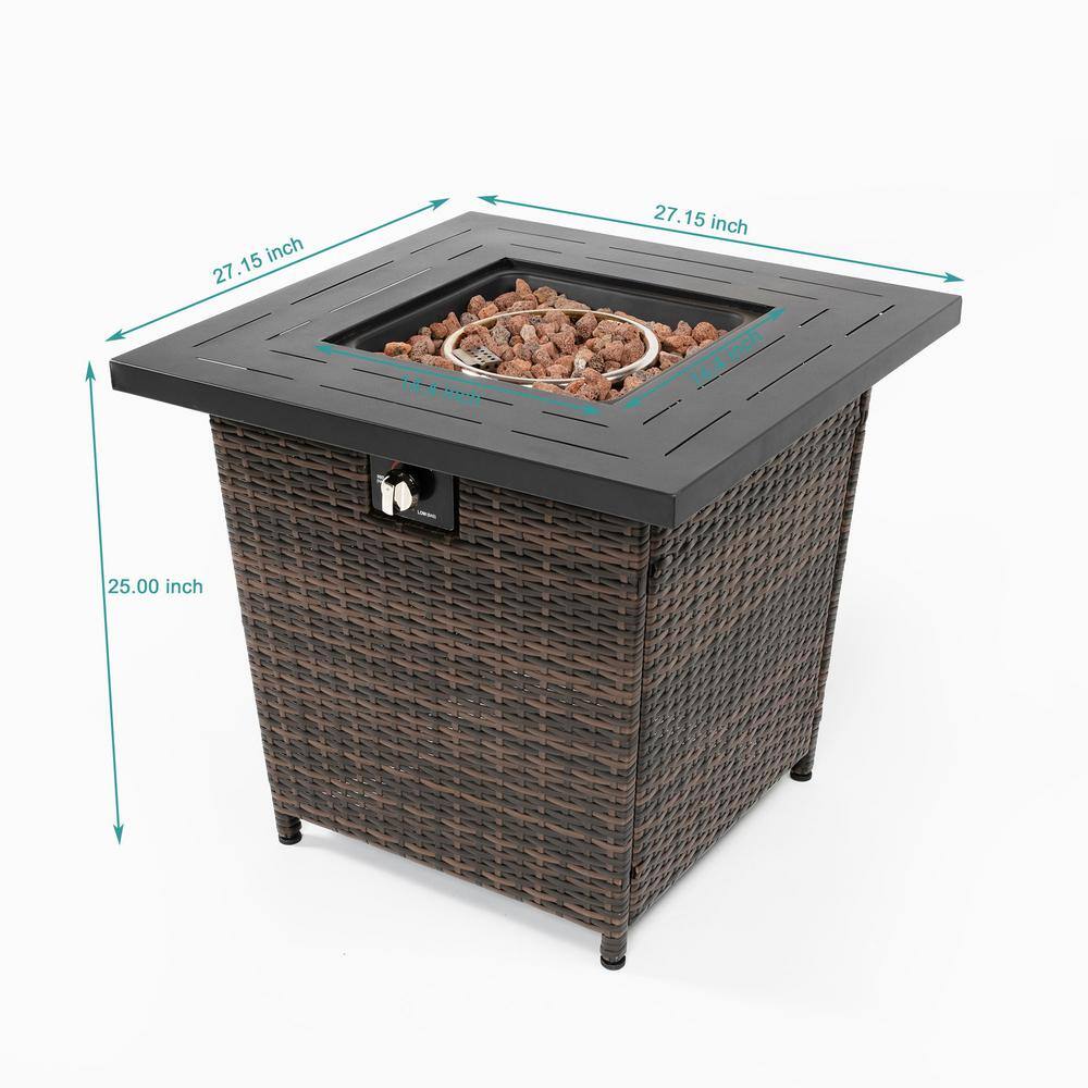 28'' Brown Wicker Propane Fire Pit Table with Steel Top