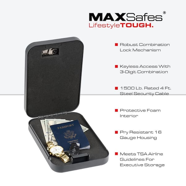 Extra Large 16- Gauge Steel Portable Lock Box Safe with 3-Digit Combination Lock Access in Black TSA Compliant