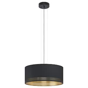 Esteperra 20.87 in. W x 8.66 in. H 3-Light Black Pendant Light with Black and Gold Fabric Drum Shade