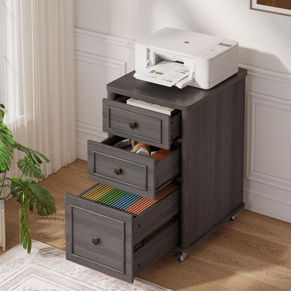 3-Drawer Brown Wood 17.7 in. W Rolling Vertical File Cabinet with Printer Stand for Letter A4 Legal Files