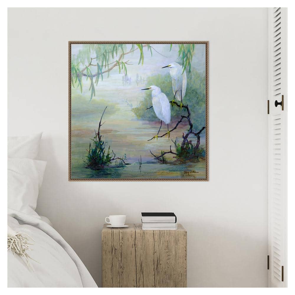 Snowy Egrets in Wetlands Bronze Framed Canvas Wall Art