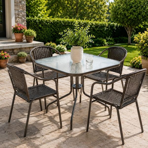 iwicker patio square steel dining table with umbrella hole Sophia & William 9pc Set for 8, Rattan Chairs Each chair is designed for easy stacking and boasts a weight capacity of 350 lbs Nuu Garden Patio Square Powder-Coated