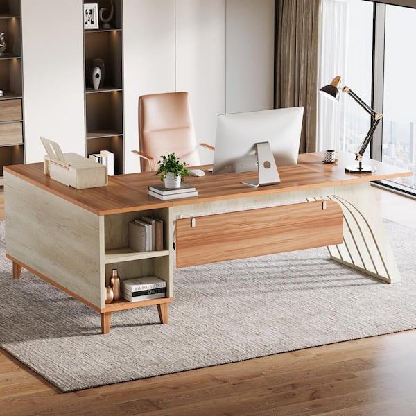 Halseey 79 in. L-Shaped Walnut and Oak Wood 1-Drawer Executive Office Desk, Large Computer Desk with File Cabinet