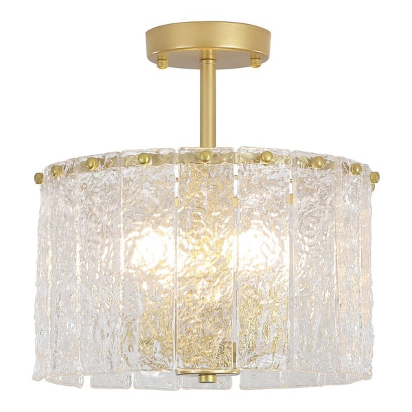 4-Light 12.5 in. Gold Mid-Century Candle-Style Chandelier Drum Semi Flush Mount with Clear Glass Shade for Living Room