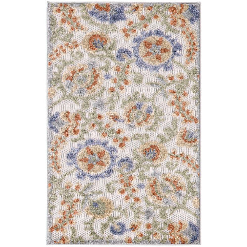 Ivory Blue Floral Flatwoven Synthetic Rug, 2'8" x 4'