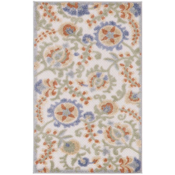 Nourison Aloha Ivory Blue doormat 3 ft. x 4 ft. Floral Contemporary Indoor/Outdoor Area Rug