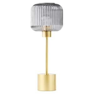 Aislin 21 in. Brushed Gold Metal Table Lamp with Globe Shade in Textured Smoky Purple Glass