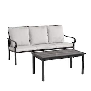 Black 2-piece Metal Patio Conversation Sectional Seating Set with Gray Cushions and Coffee Table for Garden, Backyard