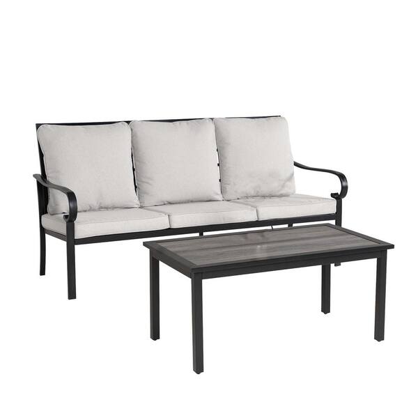 Zeus & Ruta Black 2-piece Metal Patio Conversation Sectional Seating Set with Gray Cushions and Coffee Table for Garden, Backyard