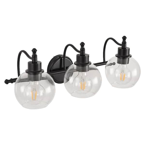 PUDO 22 in. 3-Light Modern Black Barthroom Vanity Light with HD Glass Lampshade