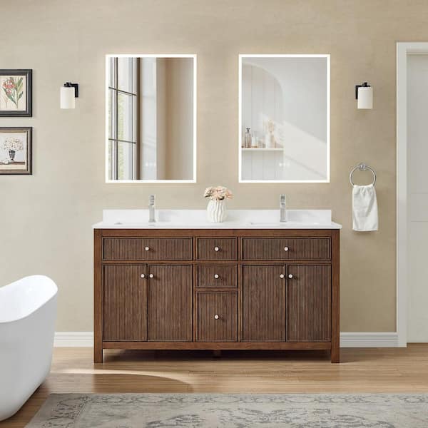Pendry 60 in. Double Freestanding Dark Walnut with Brushed Nickel Trim Bath Vanity with White Quartz Top