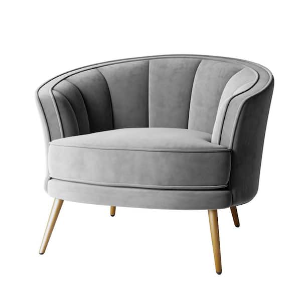 URTR Gray Modern Velvet Accent Chair Leisure Chair Barrel Chair Armchair with Golden Legs Upholstered Club Vanity Chair