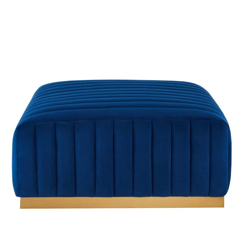 Elegant Gold Navy Velvet Tufted Ottoman with Brushed Gold Base