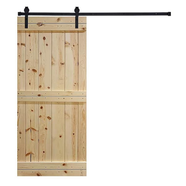 AIOPOP HOME Mid-Bar Series 24 in. x 84 in. Unfinished Knotty Pine Wood DIY Sliding Barn Door with Hardware Kit