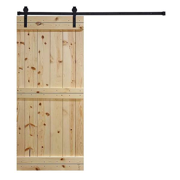 AIOPOP HOME Mid-Bar Series 38 in. x 84 in. Unfinished Knotty Pine Wood DIY Sliding Barn Door with Hardware Kit