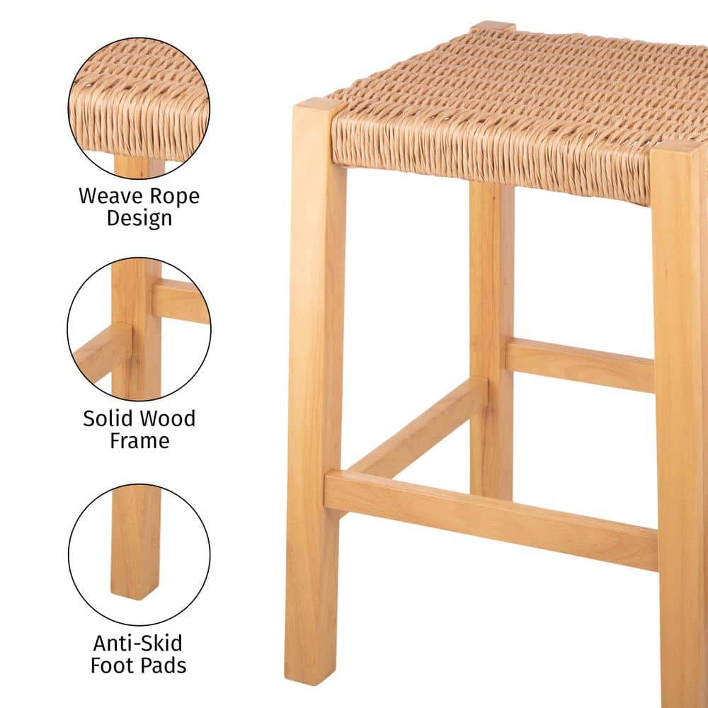 Natural Wood Backless Counter Stool with Woven Seagrass Seat