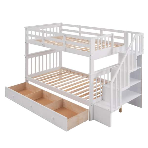 aisword Dorm White Stairway Twin-Over-Twin Bunk Bed with Three Drawers for Bedroom
