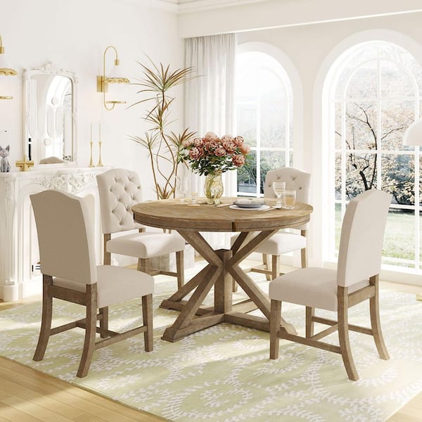 5-Piece Solid Wood Outdoor Conversation Patio Furniture Set with Beige Cushions