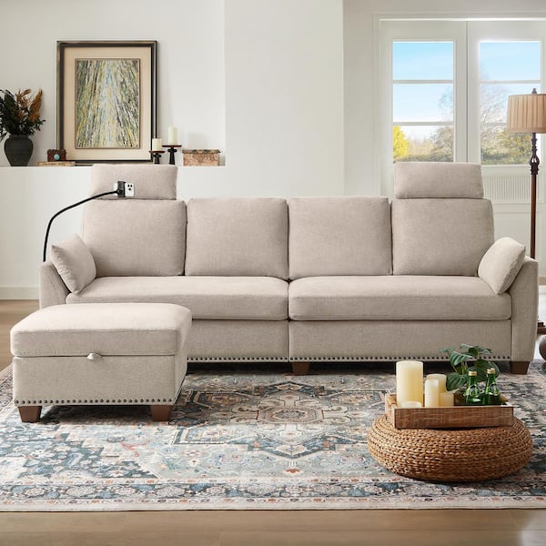 STICKON 102.36 in. Wide Beige Pillow Top Arm Fabric 4-Seater L Shaped Reversible Sectional Sofa with Storage Ottoman