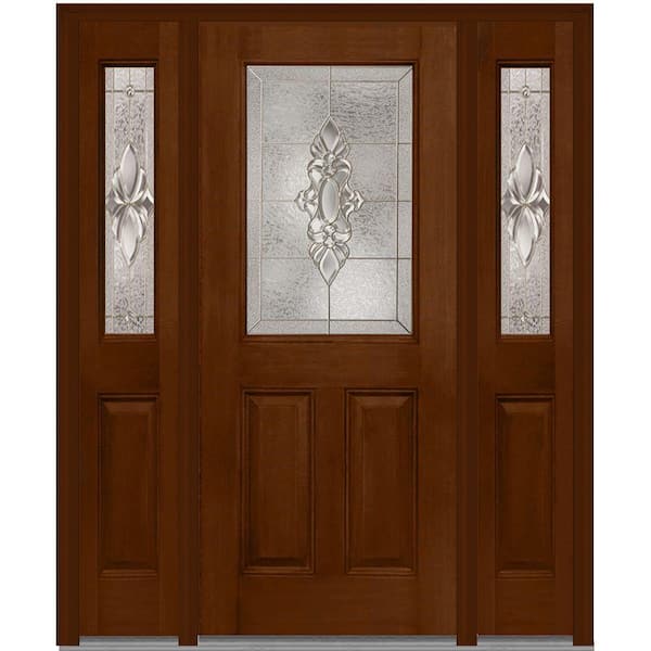MMI Door 64 in. x 80 in. Heirloom Master Left-Hand 1/2-Lite Decorative Fiberglass Mahogany Prehung Front Door with Sidelites