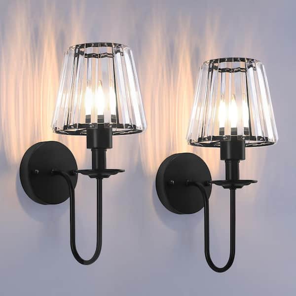 1-Light Black Modern Bell Crystal Wall Sconce for Bathroom & Living Room (2-Pack)