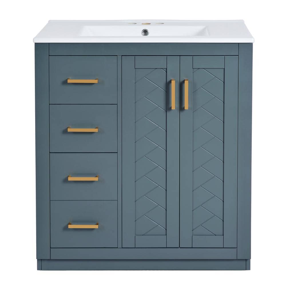 30 in. Freestanding Solid Wood Bathroom Vanity in Blue with Glossy White Ceramic Top price history on PriceWatchPro