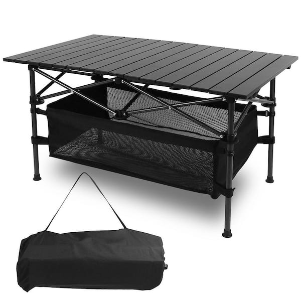 21.7 in. Black Rectangle Folding Aluminum Picnic Tables Portable Roll-up Picnic BBQ Desk with Carrying Bag