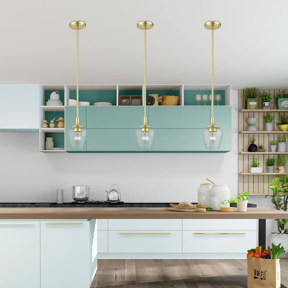 Elegant Transitional Satin Brass 1-Light Pendant with Clear Glass Shade