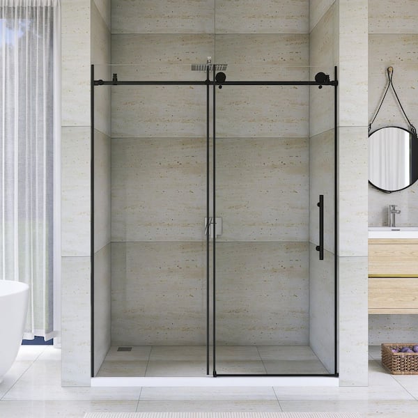 60 in. W x 76 in. H Sliding Frameless Shower Door in Matte Black Finish with Tempered Glass