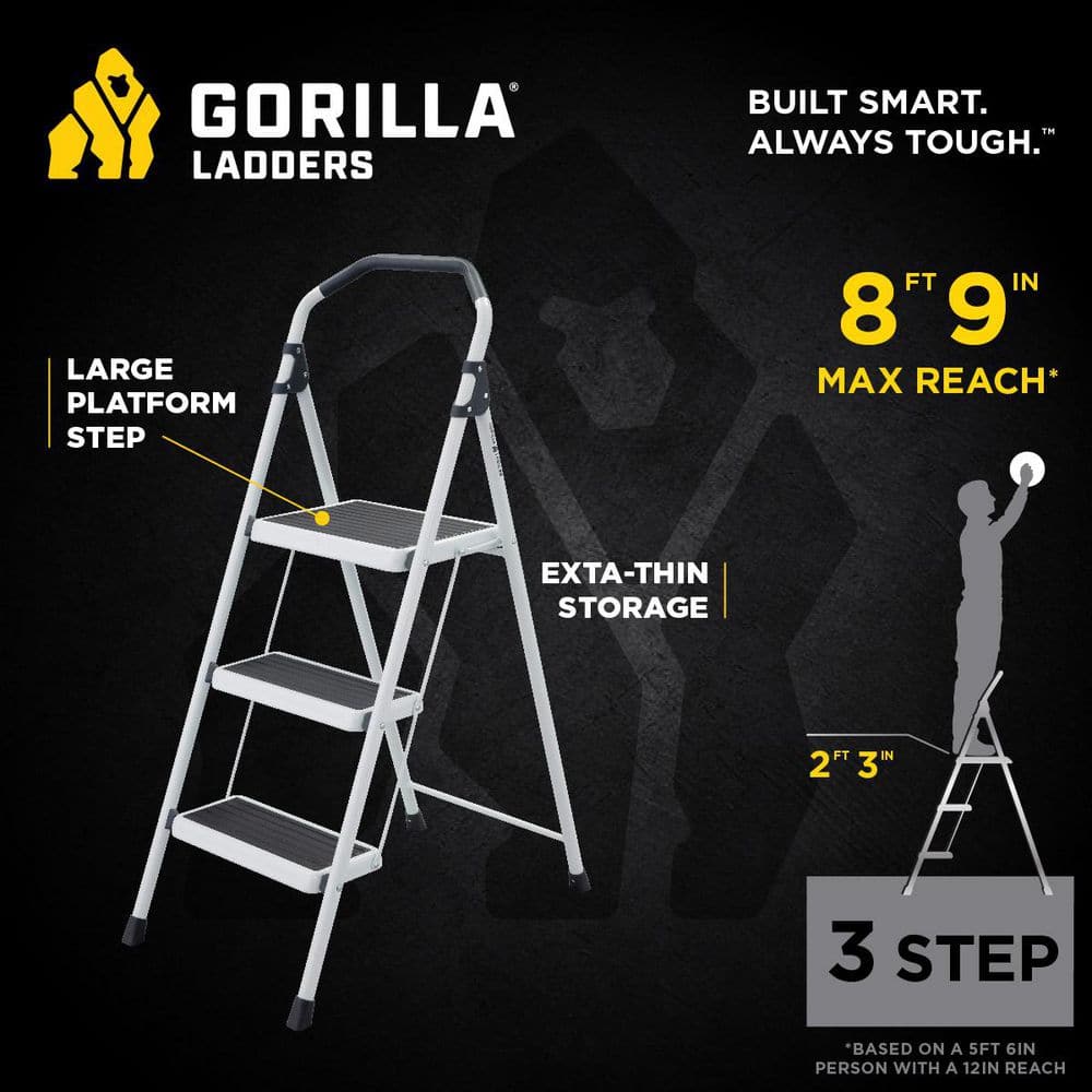 3-Step White and Black Foldable Steel Step Stool Ladder