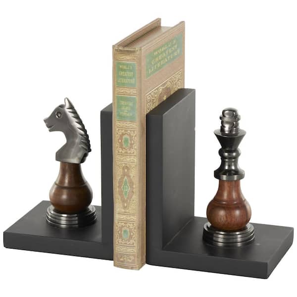 Litton Lane Black Aluminum Metal Novelty Chess Bookends with Aluminum Accents (Set of 2)
